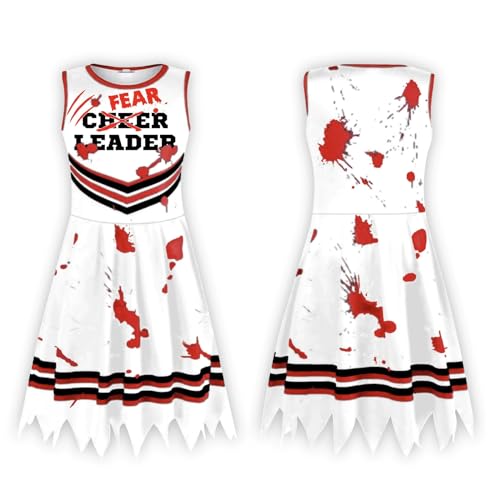 SZRXKJ Kinder Zombie Cheerleader Kostüm Gruselig Weiß-Rot-Schwarz Halloween Kleid (Weiß, 100) von SZRXKJ