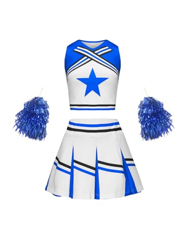 SZRXKJ Kinder Zweiteiler in Pink-Weiß mit Pompons Sport Kostüm Cheerleader Uniform Sets (Blau, 100) von SZRXKJ