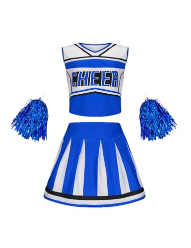 SZRXKJ Kinder Zweiteiler in Pink-Weiß mit Pompons Sport Kostüm Cheerleader Uniform Sets (Blau2, 100) von SZRXKJ