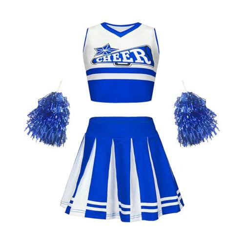 SZRXKJ Kinder Zweiteiler in Pink-Weiß mit Pompons Sport Kostüm Cheerleader Uniform Sets (Blau4, 100) von SZRXKJ