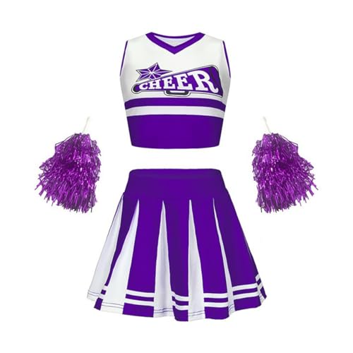 SZRXKJ Kinder Zweiteiler in Pink-Weiß mit Pompons Sport Kostüm Cheerleader Uniform Sets (Lila1, 100) von SZRXKJ