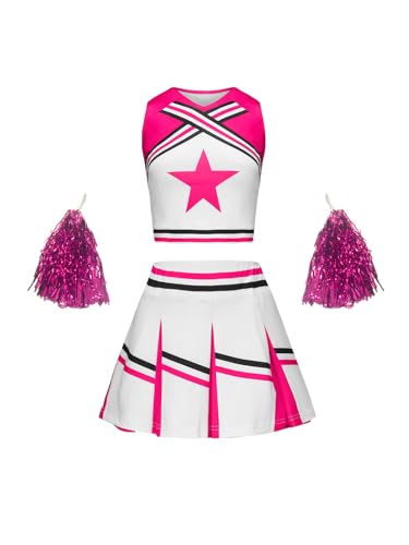 SZRXKJ Kinder Zweiteiler in Pink-Weiß mit Pompons Sport Kostüm Cheerleader Uniform Sets (Pink, 100) von SZRXKJ
