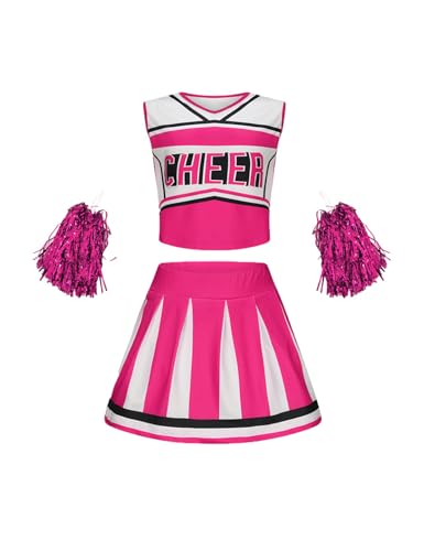 SZRXKJ Kinder Zweiteiler in Pink-Weiß mit Pompons Sport Kostüm Cheerleader Uniform Sets (Pink1, 100) von SZRXKJ