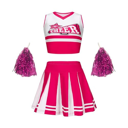 SZRXKJ Kinder Zweiteiler in Pink-Weiß mit Pompons Sport Kostüm Cheerleader Uniform Sets (Pink3, 100) von SZRXKJ