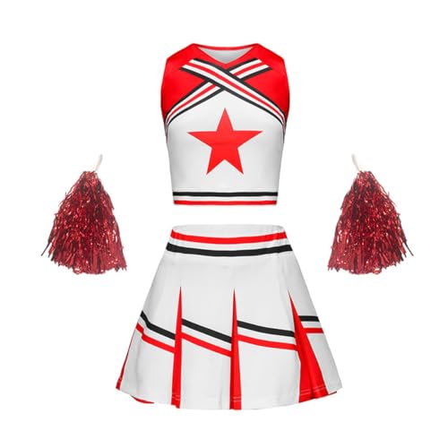 SZRXKJ Kinder Zweiteiler in Pink-Weiß mit Pompons Sport Kostüm Cheerleader Uniform Sets (Rot, 100) von SZRXKJ