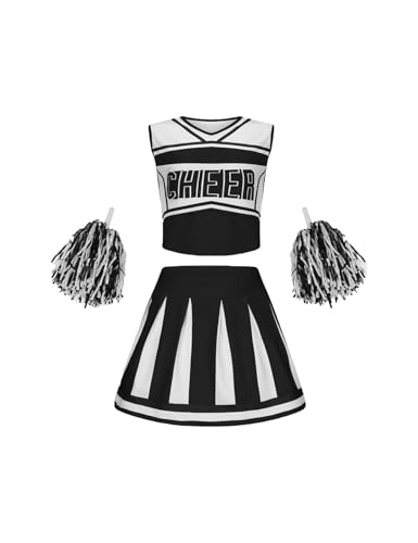 SZRXKJ Kinder Zweiteiler in Pink-Weiß mit Pompons Sport Kostüm Cheerleader Uniform Sets (Schwarz1, 100) von SZRXKJ