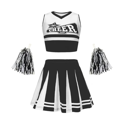 SZRXKJ Kinder Zweiteiler in Pink-Weiß mit Pompons Sport Kostüm Cheerleader Uniform Sets (Schwarz2, 100) von SZRXKJ