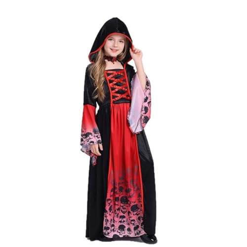 SZRXKJ Mädchen Gothic Halloween Kostüm Langes Kleid mit Kapuze Schwarz-Rot mit Totenkopf-Muster (Schwarz, L) von SZRXKJ