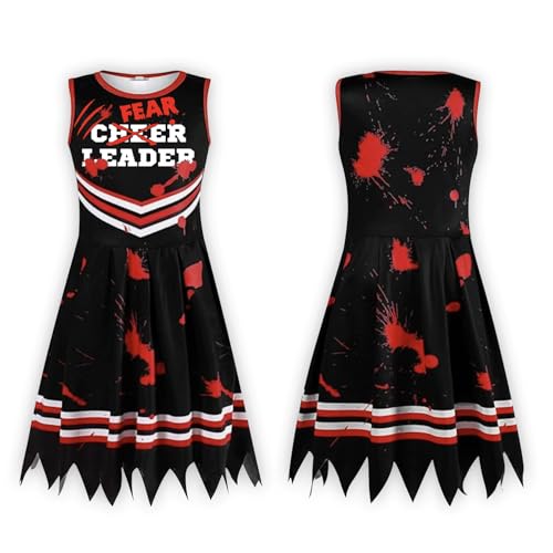 SZRXKJ Mädchen Gruselig Zerrissen mit Blutspritzer Design Zombie Cheerleader Schwarz-Rot Halloween Kostüm (Schwarz, 160cm) von SZRXKJ