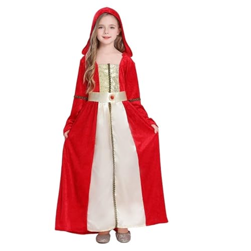 SZRXKJ Mädchen Mittelalterliche Prinzessin Bodenlang mit Totenkopf-Muster Gothic Halloween Kostüm (Rot, L) von SZRXKJ