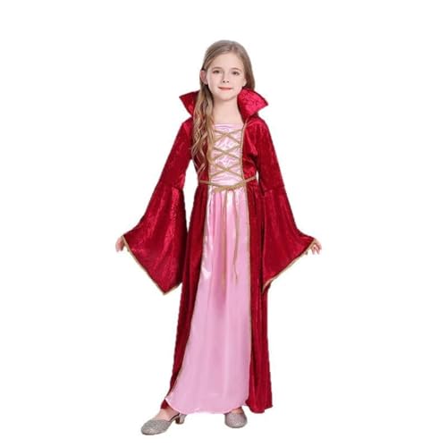 SZRXKJ Mädchen Mittelalterliche Prinzessin Bodenlang mit Totenkopf-Muster Gothic Halloween Kostüm (Winerot, S) von SZRXKJ