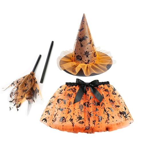 SZRXKJ Mädchen Orange und Schwarz mit Tüllrock und Spitzhut Halloween Hexen-Kostüm Set (Orange, M) von SZRXKJ