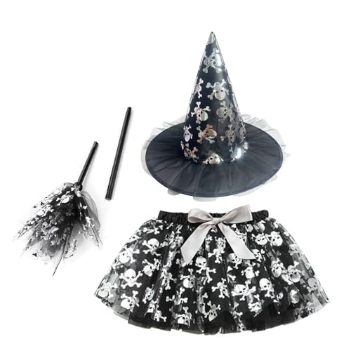 SZRXKJ Mädchen Schwarz-Silber Hexenhut und Zauberstab Totenkopf-Muster Halloween Hexen-Kostüm Set Tüllrock (Schwarz, S) von SZRXKJ
