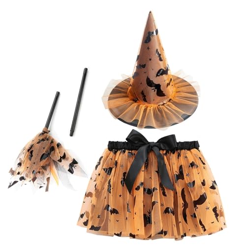 SZRXKJ Mädchen Tüllrock mit Totenkopf-Muster Hexenhut und Zauberstab Hexenkostüm Halloween Set (Orange, S) von SZRXKJ