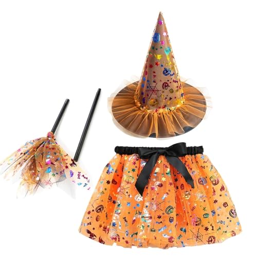 SZRXKJ Mädchen Tutu-Rock mit Fledermaus-Muster und Hexenhut Grün und Schwarz Hexenkostüm Set (Orange, M) von SZRXKJ