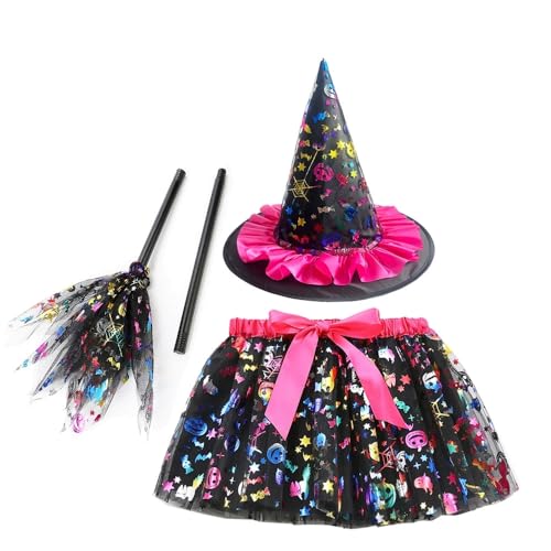 SZRXKJ Mädchen Tutu-Rock und Hexenhut mit Fledermaus-Muster Grün und Schwarz Universalgröße Hexenkostüm Set (Schwarz, M) von SZRXKJ