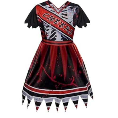 SZRXKJ Mädchen Weiß-Rot-Schwarz Zombie Cheerleader Horror Kleid für Halloween Kostüm (Schwarz, 100) von SZRXKJ