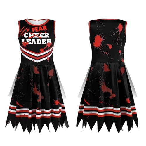 SZRXKJ Zombie Cheerleader Kostüm Gruseliges Fear Leader Kleid Schwarz-Rot mit Blutspritzer-Design für Halloween und Horror-Events (Schwarz, 100) von SZRXKJ