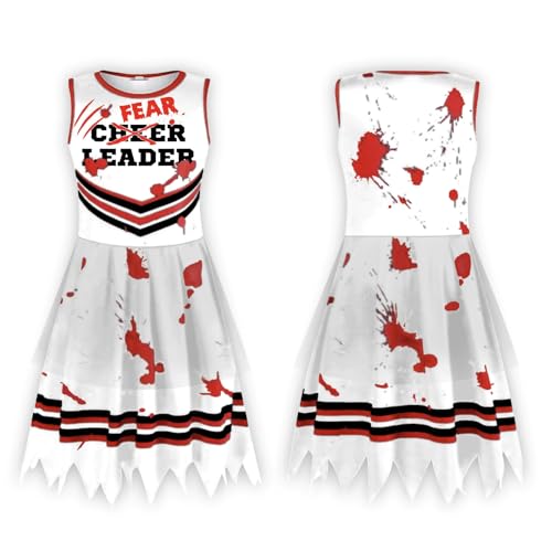 SZRXKJ Zombie Cheerleader Kostüm Gruseliges Fear Leader Kleid Schwarz-Rot mit Blutspritzer-Design für Halloween und Horror-Events (Weiß, 100) von SZRXKJ