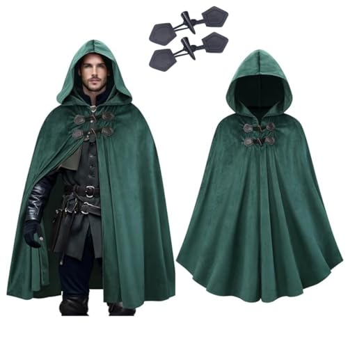 Unisex Mittelalterliche LARP Vintage Samt Kapuze Mantel Halloween Renaissance Bühne Kostüm (Grun, One Size) von SZRXKJ