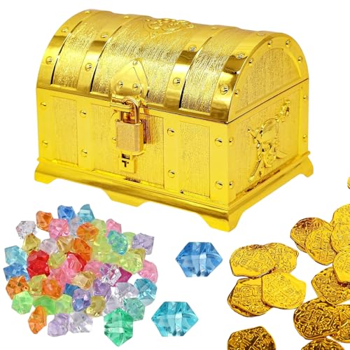 SZSMW 121 Satz Schatztruhe Kinder - GoldmüNzen Kinder - Perfekt FüR Piratendekorationen Zum Geburtstagen FüR ,Kindergeburtstagsgeschenk(Schatzkasten,20 GoldmüNzen,100 Edelsteine) von SZSMW