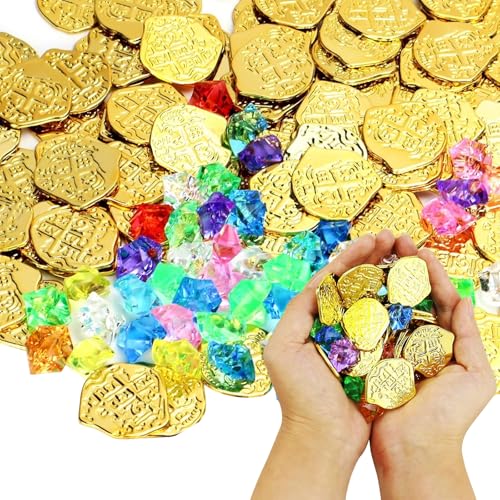SZSMW 200 Satz GoldmüNzen - Schatztruhe Kinder - PiratenmüNzen - Perfekt FüR Kindergeburtstagdekorationen,Partys,Sehr Geeignet FüR Handwerksprojekte(100 Piraten GoldmüNzen,100 Farbige Edelsteine) von SZSMW