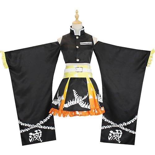 Anime Demon Slayer Agatsuma Zenitsu Cosplay Kimono Outfit, Kimetsu No Yaiba Mantel Komplettset Halloween Weihnachtsfeier Uniform für Frauen Mädchen,Schwarz,L von SZYDM