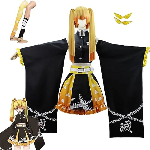 Anime Demon Slayer Agatsuma Zenitsu Cosplay Kimono Outfit mit Perücke, Kimetsu No Yaiba Mantel Komplettset Halloween Weihnachtsfeier Uniform für Frauen Mädchen,Schwarz,M von SZYDM