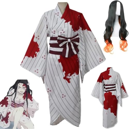 Anime Demon Slayer Kamado Nezuko Cosplay Kimono Outfit mit Perücke, Kimetsu No Yaiba Komplettset Halloween Weihnachtsfeier Uniform,Weiß,XL von SZYDM