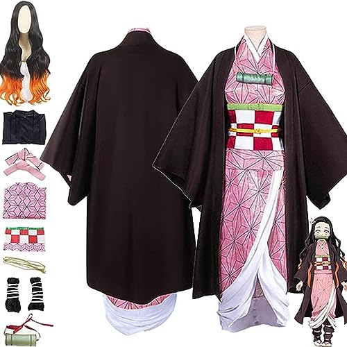 Anime Demon Slayer Kamado Nezuko Cosplay Kimono Outfit mit Perücke, Kimetsu No Yaiba Umhang Kopfschmuck Komplettset Halloween Weihnachten Party Kleidung,Rosa,3XL von SZYDM