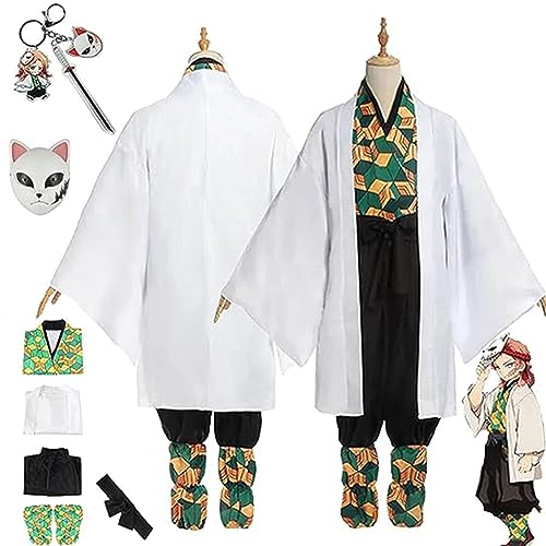 Anime Demon Slayer Sabito Cosplay Kimono Outfit, Kimetsu No Yaiba Maske Schlüsselanhänger Umhang Mantel Hose Komplettset Halloween Weihnachten Party Kleidung,Weiß,L von SZYDM