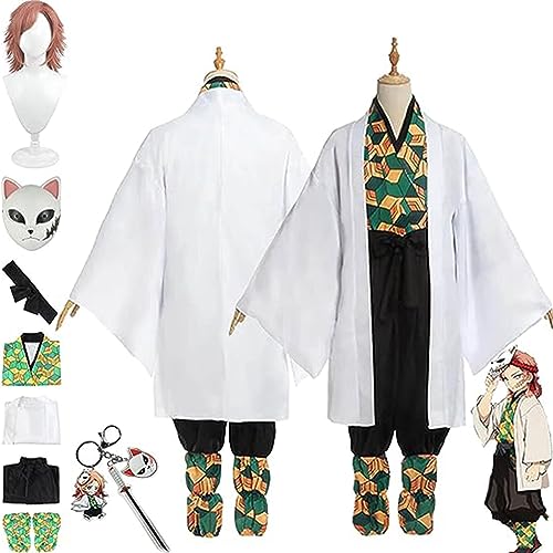 Anime Demon Slayer Sabito Cosplay Kimono Outfit mit Perücke, Kimetsu No Yaiba Maske Schlüsselanhänger Umhang Mantel Hose Komplettset Halloween Weihnachten Party Kleidung,Weiß,M von SZYDM