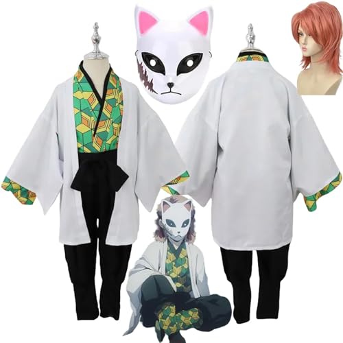 Anime Demon Slayer Sabito Cosplay Kimono Outfit mit Perücke, Kimetsu No Yaiba Maske Umhang Mantel Komplettset Halloween Weihnachten Party Uniform für Kinder Erwachsene,Adults,M von SZYDM