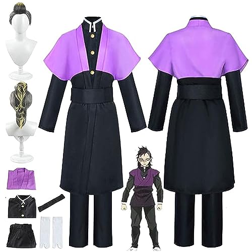 Anime Demon Slayer Shinazugawa Genya Cosplay Kimono Outfit mit Perücke, Kimetsu No Yaiba Umhang Mantel Hose Komplettset Halloween Weihnachten Party Kleidung,Schwarz,XXL von SZYDM