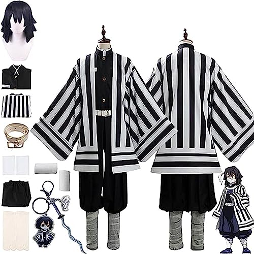 Demon Slayer Anime Iguro Obanai Cosplay Kostüm, Kimetsu No Yaiba Perücke Schlüsselanhänger Umhang Kimono Cardigan Komplettset Halloween Comic Game Party Uniform,Schwarz,140cm von SZYDM