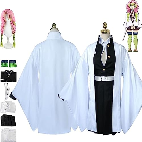 Demon Slayer Anime Kanroji Mitsuri Cosplay Kostüm, Kimetsu No Yaiba Perücke Umhang Kopfschmuck Kimono Strickjacke Komplettes Set Halloween Comic Game Party Uniform,Weiß,XXL von SZYDM