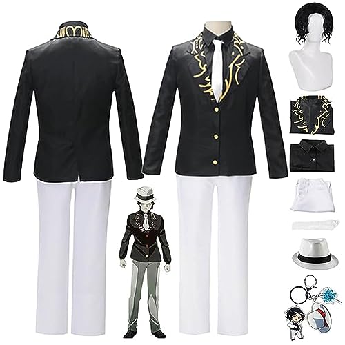 Demon Slayer Anime Kibutsuji Muzan Cosplay Kostüm,Kimetsu No Yaiba Perücke Hut Schlüsselanhänger Schwarze Uniform Komplettset Halloween Comic Game Party Erwachsene Uniform,Men's,S von SZYDM