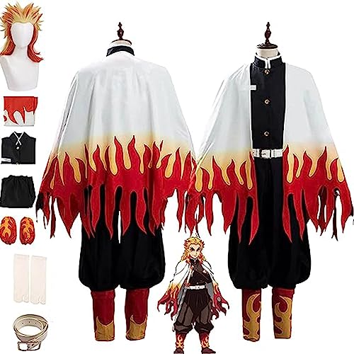 Demon Slayer Anime Rengoku Kyoujurou Cosplay Kostüm, Kimetsu No Yaiba Perücke Kimono Umhang Strickjacke Komplettes Set Halloween Comic Game Party Uniform,Weiß,S von SZYDM