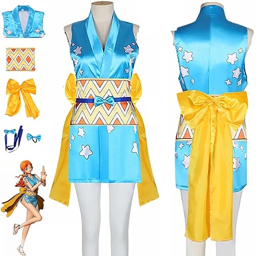 SZYDM Anime One Piece Wano Country Nami Cosplay-Outfit, ärmellose Kleidung für Damen, Minirock mit Seitenschlitz, komplettes Set Halloween-Weihnachtsparty-Kleidung,Blau,3XL von SZYDM
