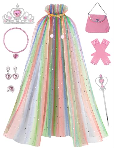 Sabbenia Prinzessinnen-Umhang-Set für kleines Mädchen, 10-teilig, Prinzessinnen-Umhang, Cosplay, Weihnachten, Halloween, 3-8 Jahre (Regenbogen) von Sabbenia