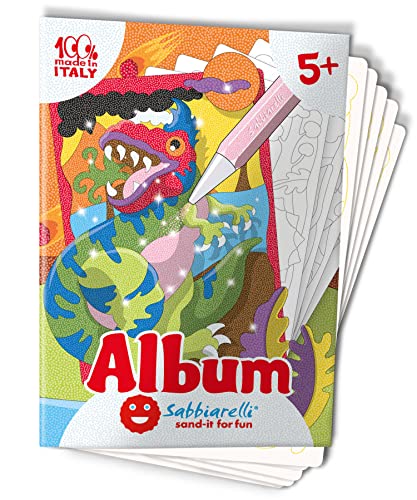 Sabbiarelli Sand-it For Fun - Album Die Dinosaurier: 5 vorgeklebte Zeichnungen, zum bemalen mit Sand (Sand nicht enthalten), Sandbilder für Kinder ab 5+ von Sabbiarelli