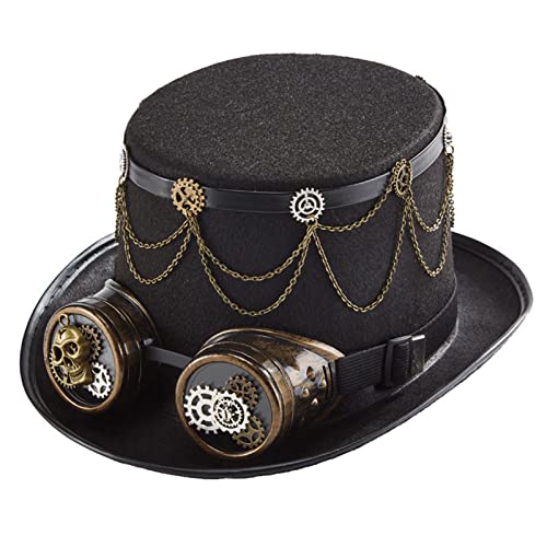 Saddgo Vintage Gear Chain Zylinderhut viktorianischer schwarzer Steampunk-Hut Totenkopf Brille Bühnenauftritt Hut für Party Abschlussball Zylinder von Saddgo