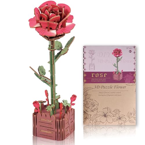 Sadodo 3D-Holzpuzzle, Rosenblüten-Modellbausätze für Erwachsene zum Bauen, künstliche Blumen zur Dekoration, Heimdekoration, Accessoires, Wohnzimmer, Geschenke für Frauen, Geburtstag (Rose) von Sadodo