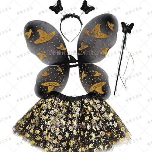 Sadodo 4 Stück Halloween Schmetterling Mädchen Tutu Kostüm Set, Kürbis Fledermäuse Hexe Tüllrock, Flügel Schmetterling, Zauberstab und Haarreif,Halloween Karneval Dress Geschenke für Kinder (Schwarz) Sadodo 4 Stück Halloween Schmetterling Mädchen Tutu Kostüm Set, Kürbis Fledermäuse Hexe Tüllrock, Flügel Schmetterling, Zauberstab und Haarreif,Halloween Karneval Dress Geschenke für Kinder (Schwarz) von Sadodo