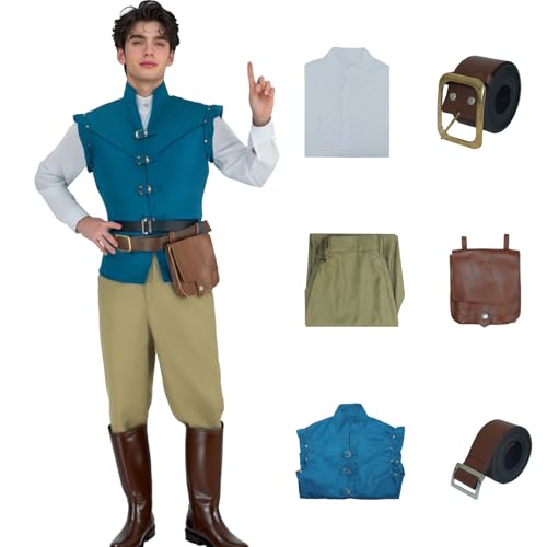 Flynn Reiter-Kostüm, Prinz-Kostüm, Cosplay-Outfits, für Erwachsene, Weste, Hemd, Hose, Gürteltasche, Set für Herren, Halloween-Paar-Kostüm, Blau, XXL Flynn Reiter-Kostüm, Prinz-Kostüm, Cosplay-Outfits, für Erwachsene, Weste, Hemd, Hose, Gürteltasche, Set für Herren, Halloween-Paar-Kostüm, Blau, XXL von Saephaw