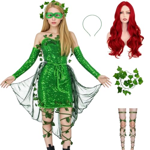 Saephaw Giftkostüm für Damen, Efeu-Pailletten, Minikleid mit Beinwickel, Augenmaske, Handschuhe, Umhang, Efeu, Stirnband, Bösewicht, Halloween, Cosplay, XL Saephaw Giftkostüm für Damen, Efeu-Pailletten, Minikleid mit Beinwickel, Augenmaske, Handschuhe, Umhang, Efeu, Stirnband, Bösewicht, Halloween, Cosplay, XL von Saephaw