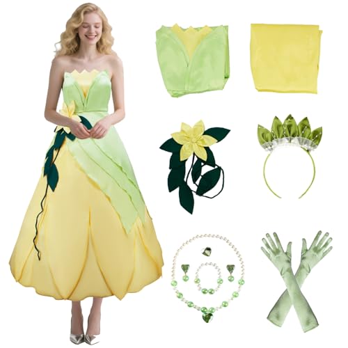 Saephaw Prinzessin Tiana Kostüm für Damen, grünes Blumenkleid, Tops, Rock, Set, Stirnband, Halskette, Ohrringe, Halloween, Cosplay, Outfits, Größe L Saephaw Prinzessin Tiana Kostüm für Damen, grünes Blumenkleid, Tops, Rock, Set, Stirnband, Halskette, Ohrringe, Halloween, Cosplay, Outfits, Größe L von Saephaw