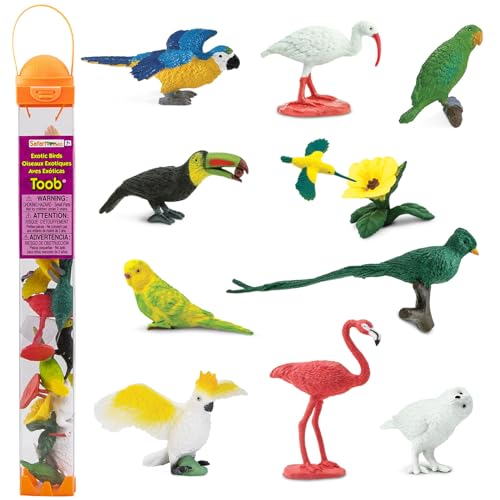 Safari Ltd Exotische Vögel TOOB® 680404 12x handbemalte Sammelfiguren in Tube- Sittich, Quetzal, Papagai, Gelbbrustara, Kolibris, Fischertukan, Scharlachsichler, Kakadus, Flamingo, Schneesichler, Schnee-Eule und Amazonenpapageien von Safari Ltd.