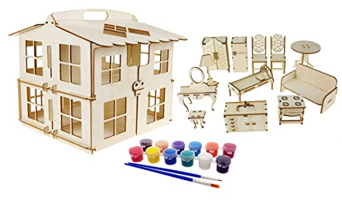 SafeCore - Holz Puppenhaus mit Möbel für Kinder, Doll House zum Selber Zusammenbauen und Bemalen, ohne Kleber zu Verwenden, 25 Sperrholzteilen, 12 Farben und 2 Pinseln von SafeCore
