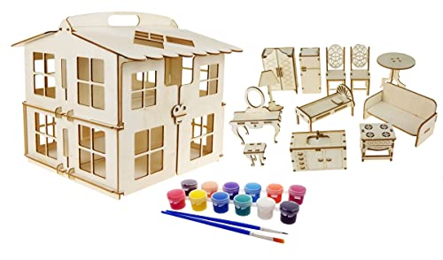 SafeCore - Holz Puppenhaus mit Möbel für Kinder, Doll House zum Selber Zusammenbauen und Bemalen, ohne Kleber zu Verwenden, 25 Sperrholzteilen, 12 Farben und 2 Pinseln SafeCore - Holz Puppenhaus mit Möbel für Kinder, Doll House zum Selber Zusammenbauen und Bemalen, ohne Kleber zu Verwenden, 25 Sperrholzteilen, 12 Farben und 2 Pinseln von SafeCore